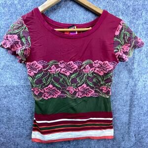 Save The Queen Top Womens Medium Red Green Striped Floral Embellished Maximalist